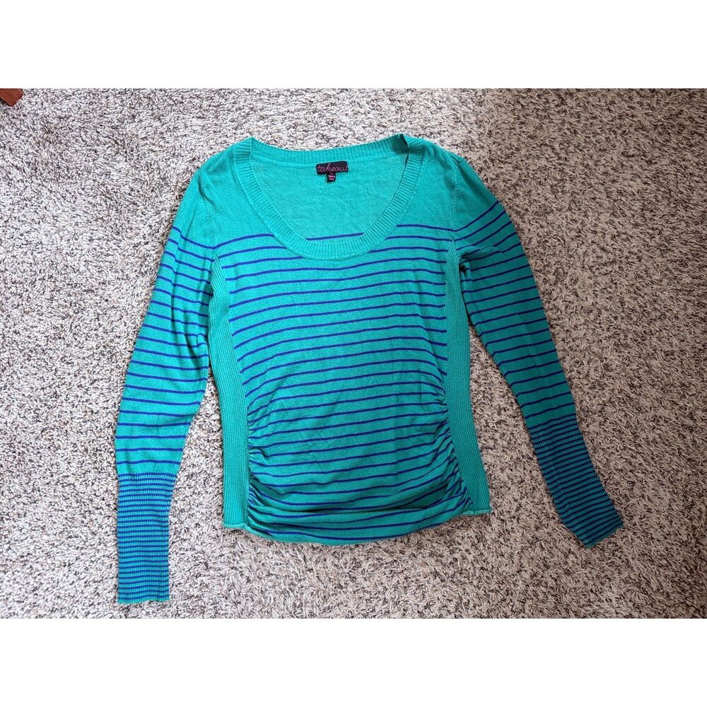 Takeout Teal Purple Striped Ruched Side Scoop Neck Sweater XL Y2K Indie